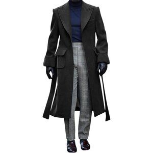 💫 Men Black Long Casual Trench Coat Notched Collar Warm Winter Pockets Jackets